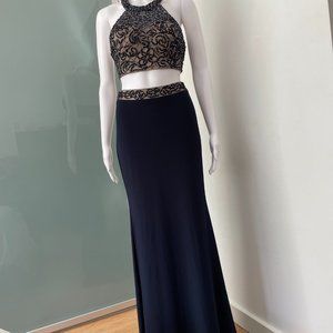 Camille La Vie Beaded Gown, Navy Blue Halter Corset and Skirt, Size 4